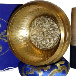 TARORO Tibetan Singing Bowl with 7 Metals Ø12 cm Original from Nepal Handmade Set: Silk Cushion, Knocker, Lokta Paper Box Blue Great for Meditation, Chakra and Sound Therapy